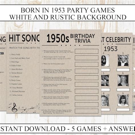 70th Birthday Party Games Printable Born In 1953 1950s Game Etsy