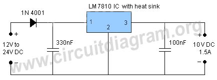 24V Or 12V To 10V Converter Using LM7810 IC Circuit Diagram