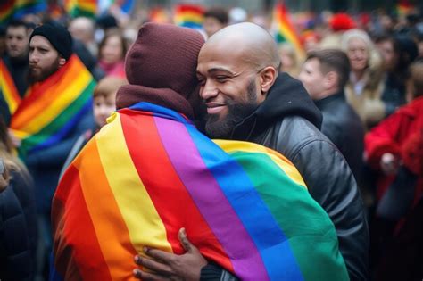 Una Feliz Pareja Gay Envuelta En Una Bandera Arco Ris Que Representa El Orgullo Lgbtq Uno
