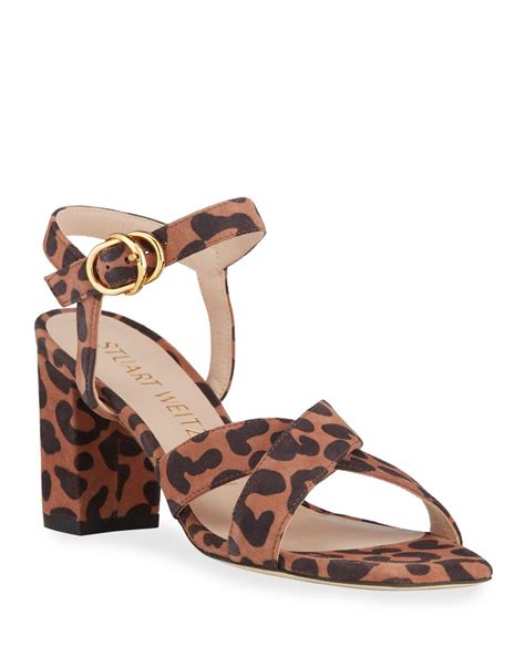 Stuart Weitzman Analeigh 75 Easy Square Toe Leopard Print Suede Sandals