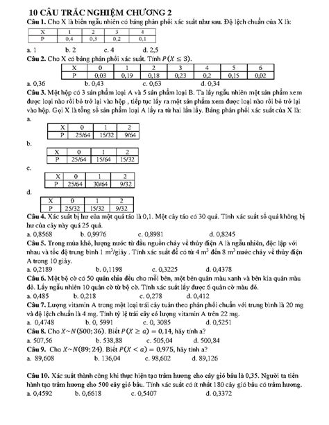 1 10 Cau Trac Nghiem Chuong 2 10 CÂU TRẮC NGHIỆM CHƯƠNG 2 Câu 1 Cho