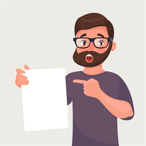 Premium Vector Man In Glasses With Beard Shows A Sheet Of Paper