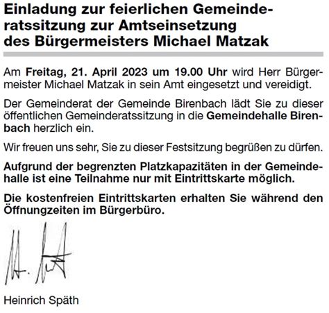 Amtliche Bekanntmachungen Gemeinde Birenbach