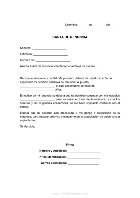 ᐅ Carta de Renuncia Voluntaria por Motivos de Estudio