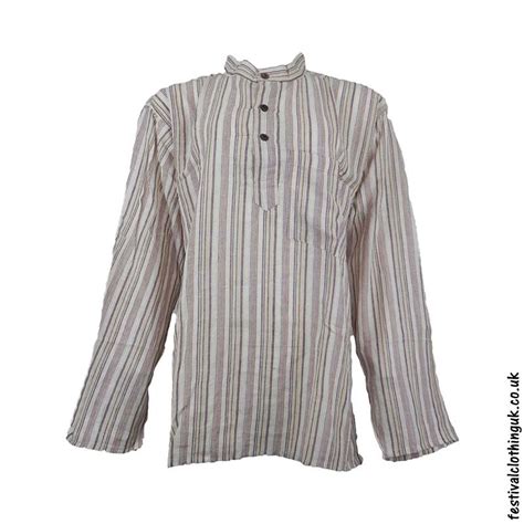 Striped Collarless Grandad Shirt Cream Large Festival Shirts