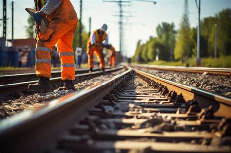 Ouvriers En Uniforme Serrure Boulons Installation De Rails De Chemin