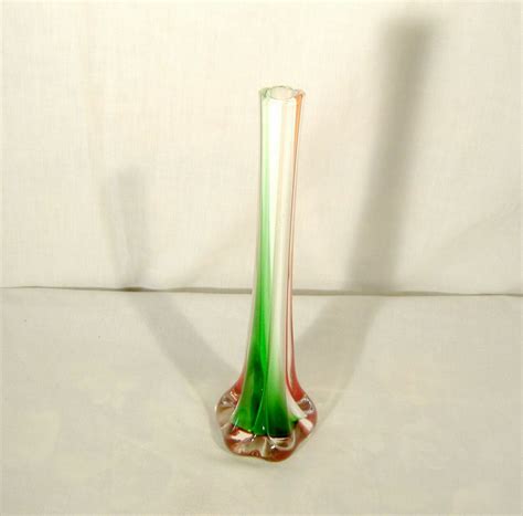 Cased Art Glass Bud Vase Murano Italian Flag Christmas Colors Green White Red