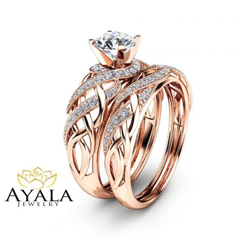 Diamond Bridal Set In 14k Rose Gold Unique Engagement Rings Art Deco