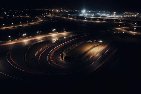 Premium AI Image | Aerial view of lit car race track at night created using generative ai technology