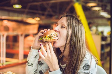 Young Woman Eating Hamburger Woman Eating Junk Food Fatty Food