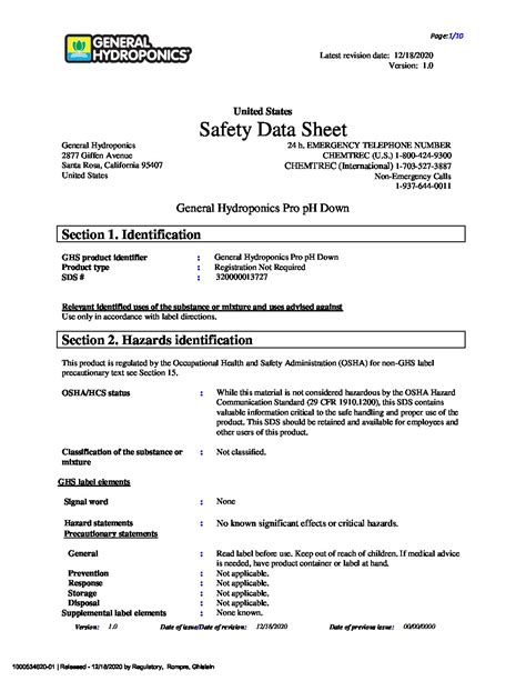 PH Calibration Solution Safety Data Sheet General 57 OFF