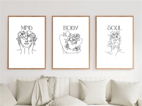 Mind Body Soul Wall Art Set Of 3 Poster Flower Head Woman Positive