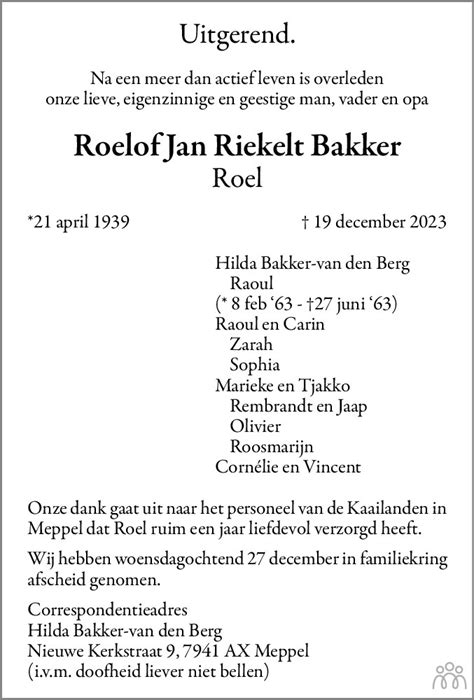 Roelof Jan Riekelt Roel Bakker 19 12 2023 Overlijdensbericht En