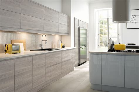 Handleless Washed Stone Handleless Light Grey Gloss Modern Kitchen