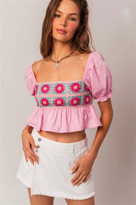 Short Puff Sleeve Crochet Crop Top Shopperboard