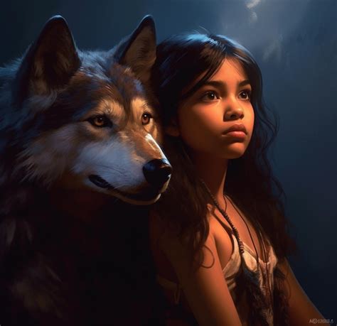 Premium Ai Image A Girl With A Wolf On Her Head Is Next To A Wolf