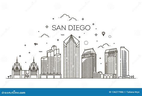 Linear San Diego City Skyline Vector Background Stock Vector