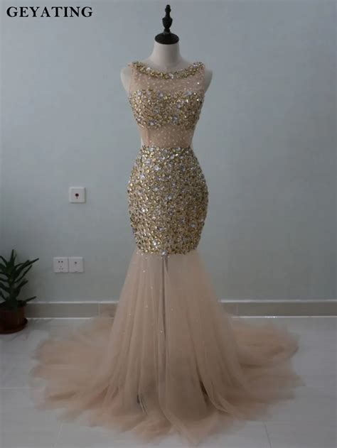 Champagne Mermaid Prom Dresses 2018 Luxury Full Gold Crystal Beaded