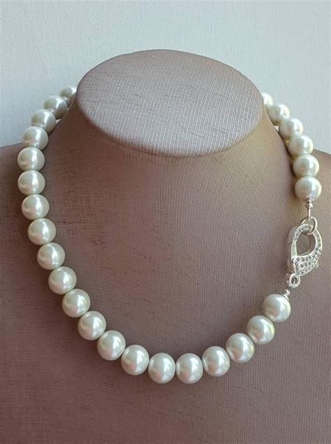 Single Strand Large Pearl Necklace With Pave Rhinestone Clasp Pearl