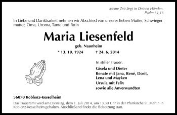 Traueranzeigen Von Maria Liesenfeld Rz Trauer De