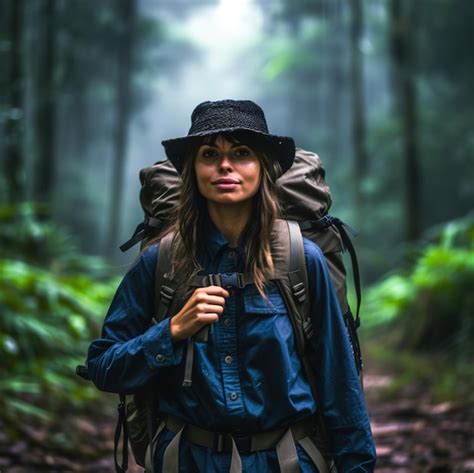 Premium Ai Image A Woman With A Backpack And A Hat Is Walking Through