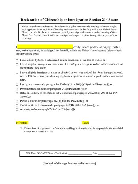 Fillable Online Declaration Of Citizenship Or Immigration Section 214 Status Fax Email Print