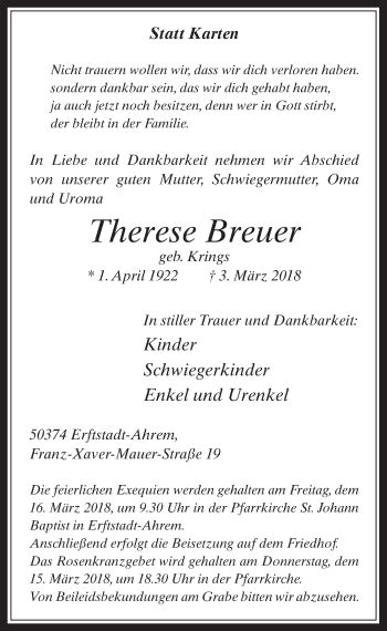 Traueranzeigen Von Therese Breuer WirTrauern