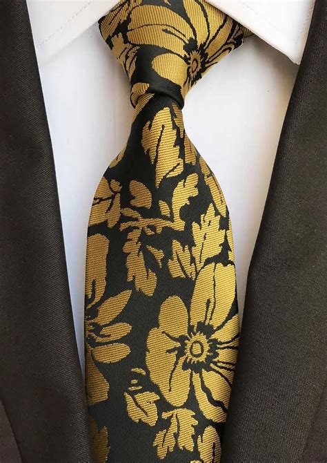 Unique Pattern 8cm Men Woven Ties Black With Yellow Designer Floral