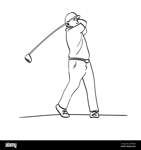 Line Art Male Golfer Hit A Golf Ball Illustration Vector Hand Drawn