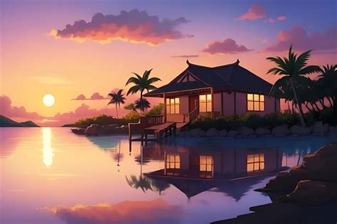 Premium Photo | Tropical beach sunset anime view