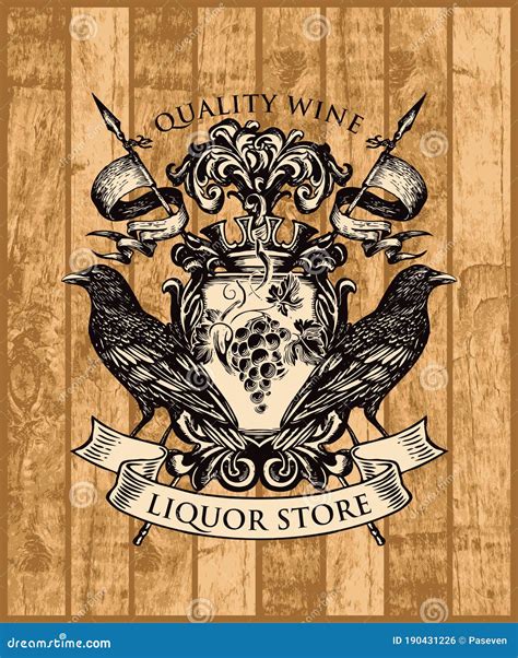 Coat Of Arms For Liquor Store On Wooden Background Stock Vector