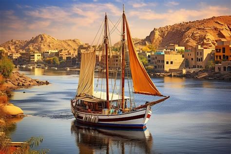 Rio Nilo e navio ao pôr do sol em Aswan Foto Premium