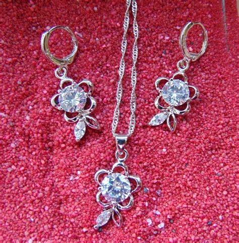 Silber Schmuck Set Blumen Strau Zirkon Kette Anh Nger Creolen Ebay