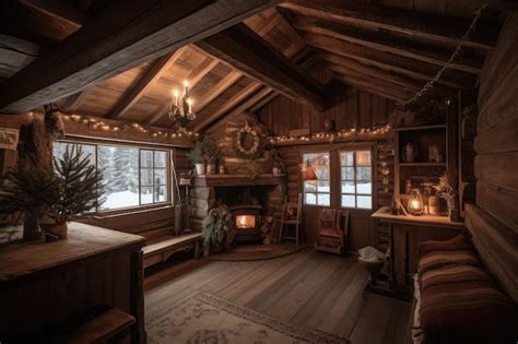 Premium Ai Image Cozy Cabin In The Snow With Fireplace And Warm Decor