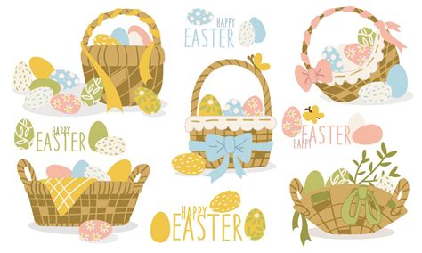 Cartoon Easter Baskets With Painted Eggs And Spring Flowers A Wicker Basket Full Of Eggs A Set