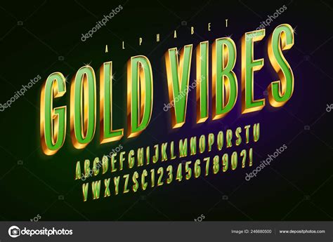 Golden D Green Glossy Font Gold Letters And Numbers Stock Vector