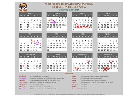 Calendario Dias Inhabiles Poder Judicial Baja California D L M M J V