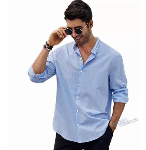 Camisa Cuello Mao Lino Hombre Casual Manga Larga Slim Fit Cuotas Sin