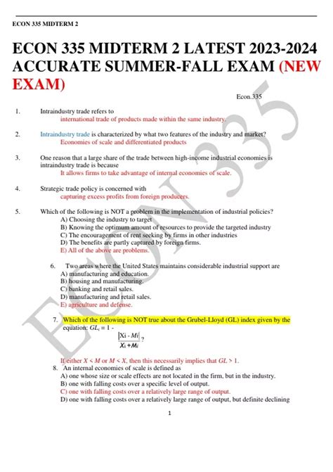 ECON 335 MIDTERM 2 LATEST ACCURATE SUMMER FALL EXAM NEW EXAM ECON