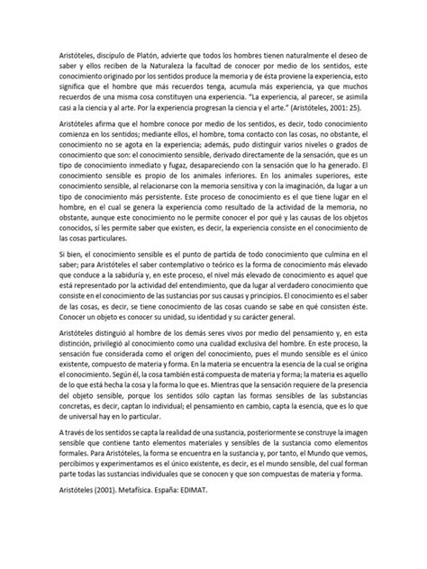 Teoría Del Conocimiento De Aristóteles Pdf Conocimiento Experiencia