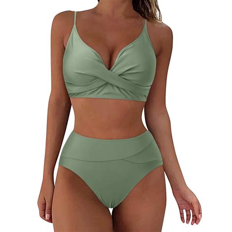 Lekode Womens Retro High Waist Bikini Two Piece Swimsuit Vintage V Neck