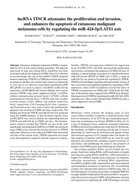 Pdf Lncrna Tincr Attenuates The Proliferation And Invasion And