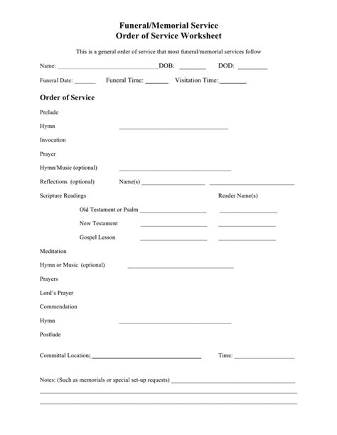 Funeral Order Of Service Worksheet In Word And Pdf Formats