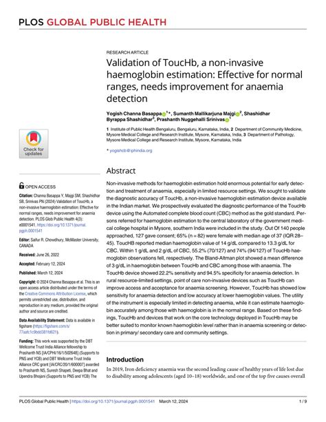 Pdf Validation Of Touchb A Non Invasive Haemoglobin Estimation