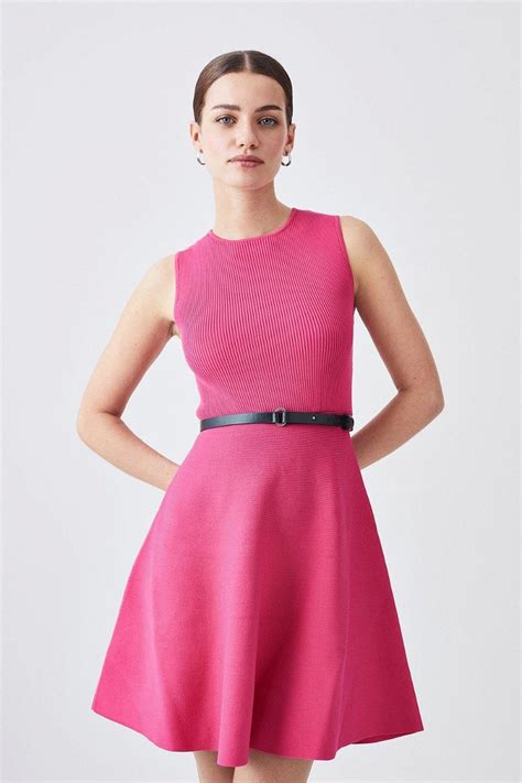 Karen Millen Knitted Rib Skater Mini Dress In Pink Endource