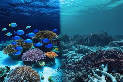 underwater scene split showing healthy coral reef  polluted ocean