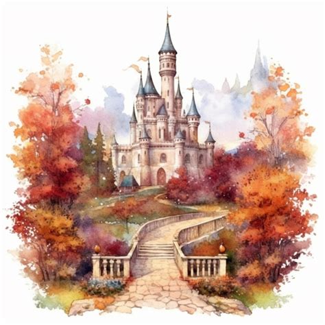 Pintura Em Aquarela De Um Castelo Na Floresta Foto Premium