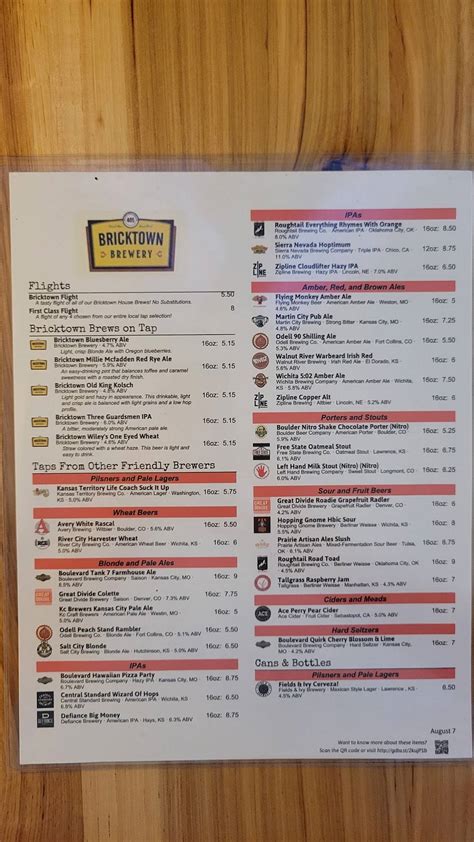 Menu at Bricktown Brewery restaurant, Wichita, N Tyler Rd