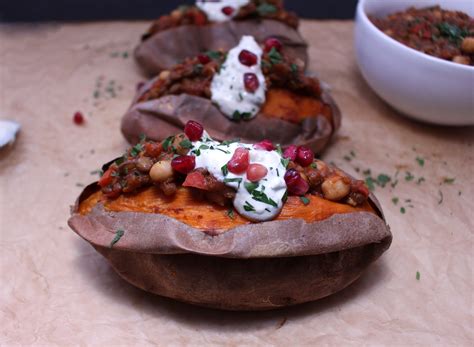 Chickpea Lentil Chili Stuffed Sweet Potatoes With Creamy Tzatziki