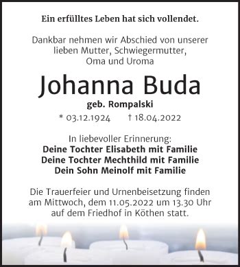 Traueranzeigen Von Johanna Buda Abschied Nehmen De